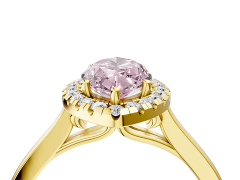 Yellow gold Fancy Pink Marquise Cut Halo Round Diamond Solitaire Ring with Pavé Band and Four-Prong Setting_4