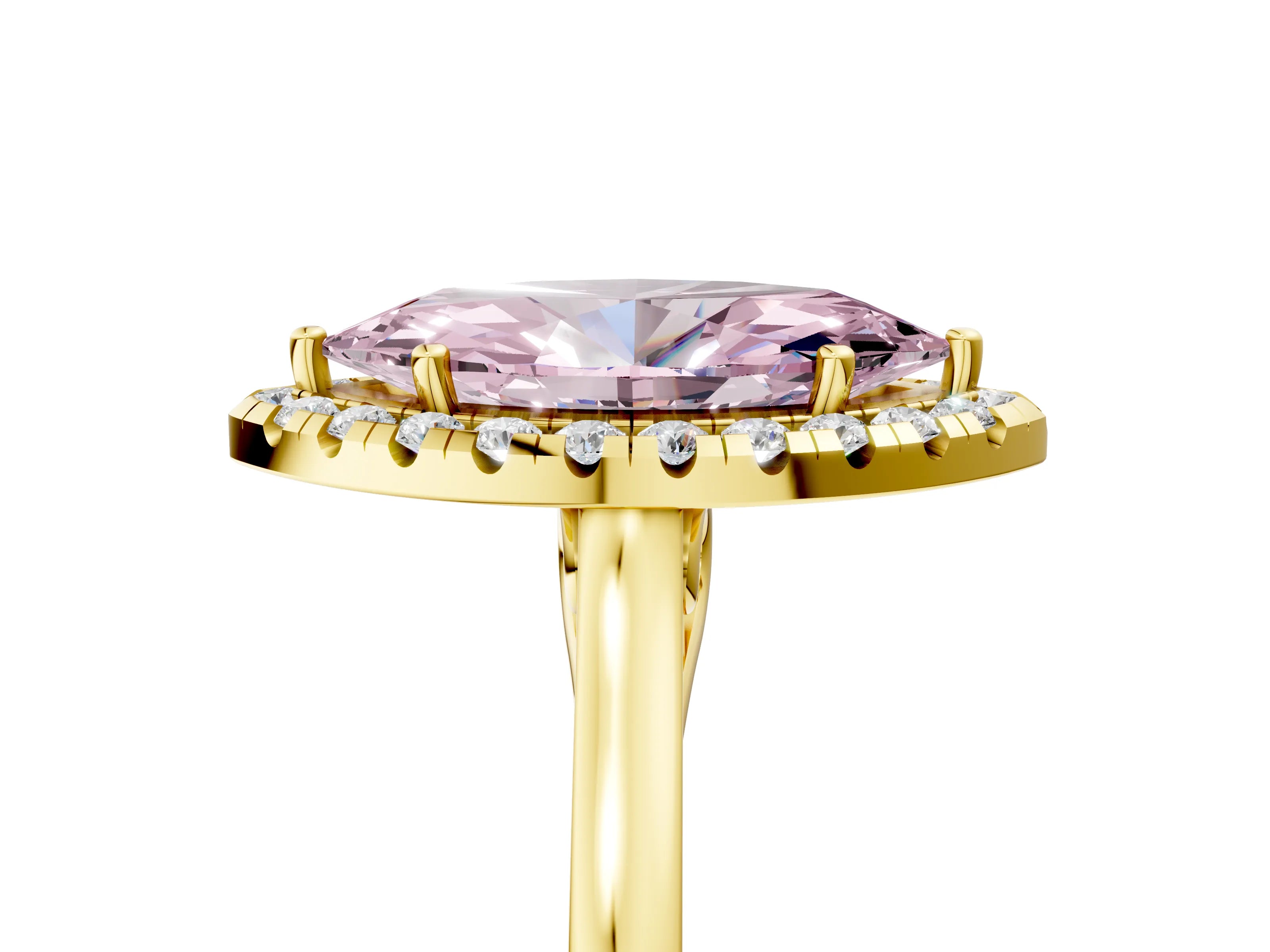 Yellow gold Fancy Pink Marquise Cut Halo Round Diamond Solitaire Ring with Pavé Band and Four-Prong Setting_5