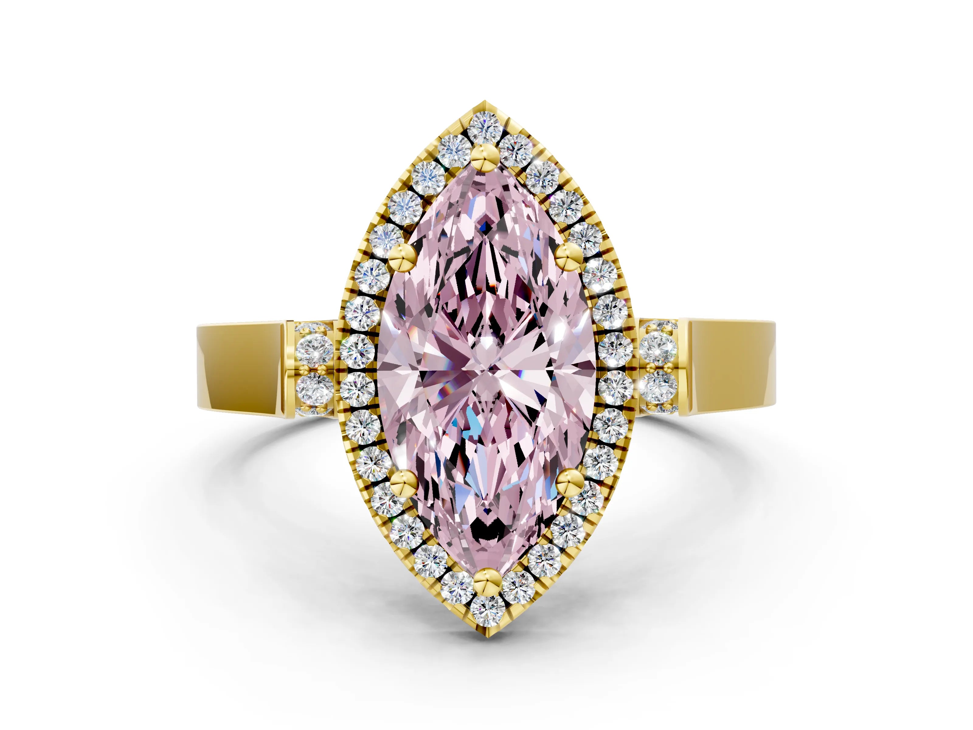 Yellow gold Fancy Pink Marquise Cut Halo Round Diamond Twist Band with Four-Prong Setting