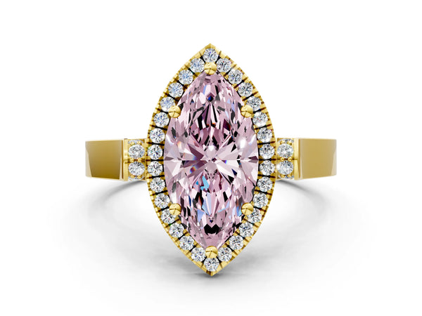 Yellow gold Fancy Pink Marquise Cut Halo Round Diamond Twist Band with Four-Prong Setting