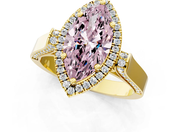 Yellow gold Fancy Pink Marquise Cut Halo Round Diamond Twist Band with Four-Prong Setting