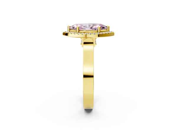 Yellow gold Fancy Pink Marquise Cut Halo Round Diamond Twist Band with Four-Prong Setting