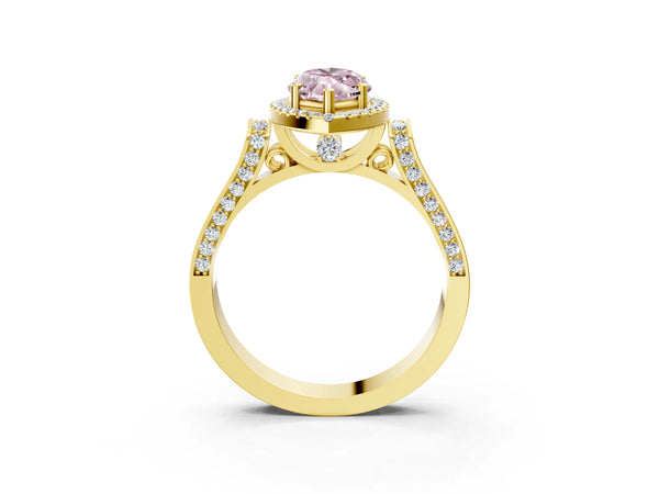 Yellow gold Fancy Pink Marquise Cut Halo Round Diamond Twist Band with Four-Prong Setting