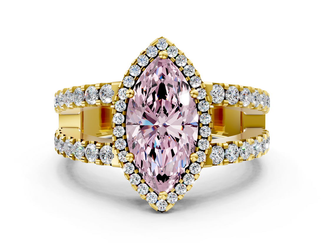 Yellow gold Fancy Pink Marquise  Cut Halo Split Shank Diamond Ring with Four-Prong Setting_45