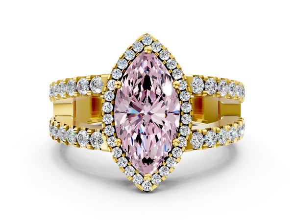 Yellow gold Fancy Pink Marquise  Cut Halo Split Shank Diamond Ring with Four-Prong Setting
