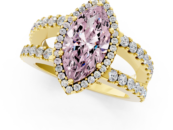 Yellow gold Fancy Pink Marquise  Cut Halo Split Shank Diamond Ring with Four-Prong Setting
