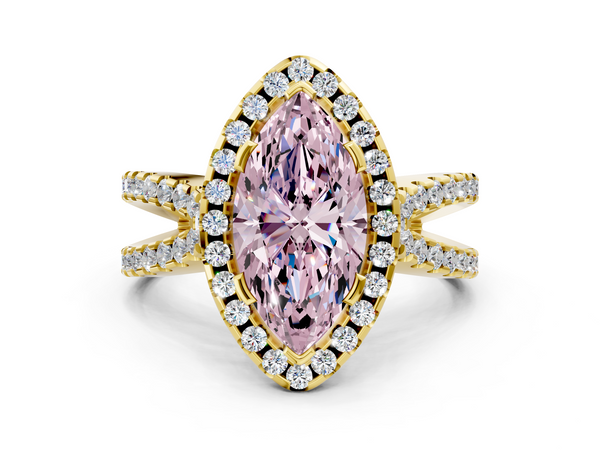 Yellow gold Fancy Pink Marquise Cut Diamond Halo Ring with Split Shank Pavé Band and Prong Setting