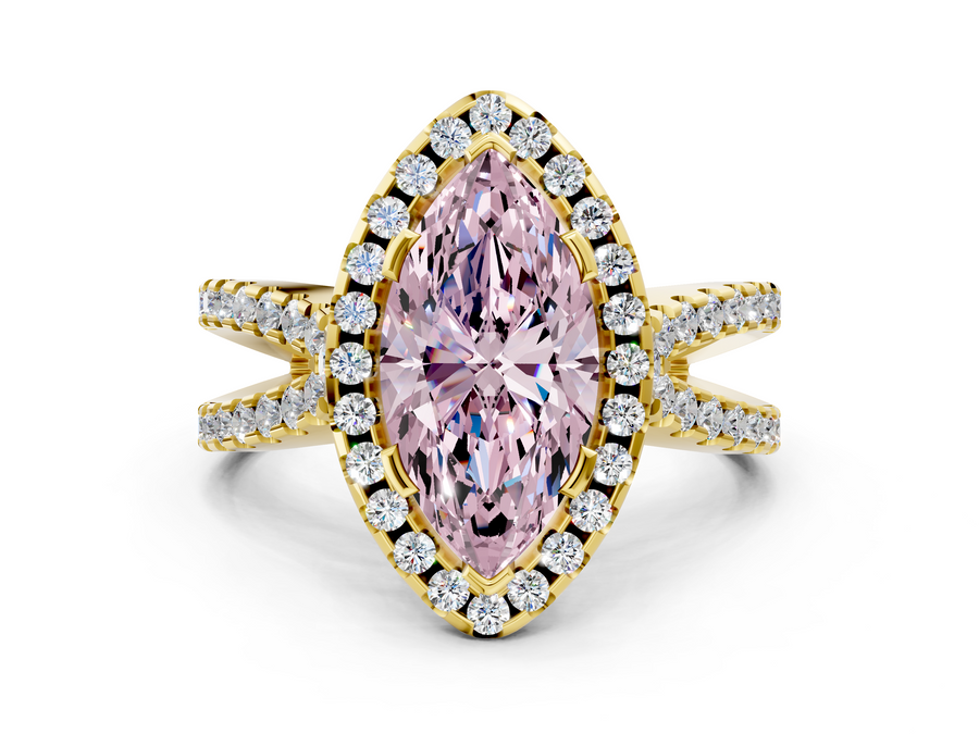 Yellow gold Fancy Pink Marquise Cut Diamond Halo Ring with Split Shank Pavé Band and Prong Setting