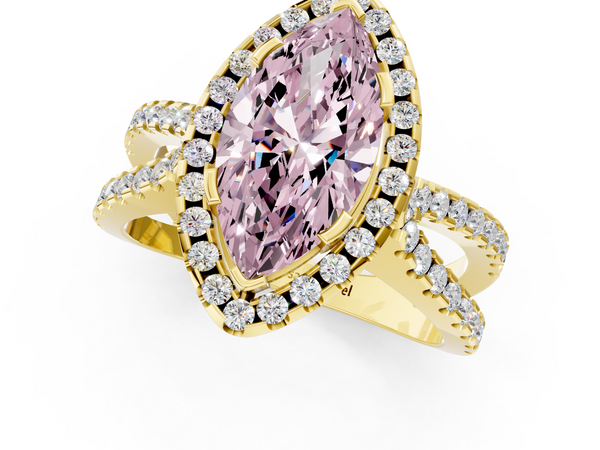 Yellow gold Fancy Pink Marquise Cut Diamond Halo Ring with Split Shank Pavé Band and Prong Setting