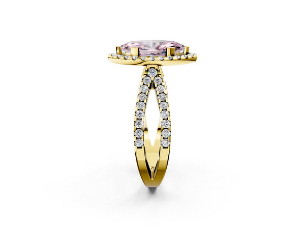 Yellow gold Fancy Pink Marquise Cut Diamond Halo Ring with Split Shank Pavé Band and Prong Setting