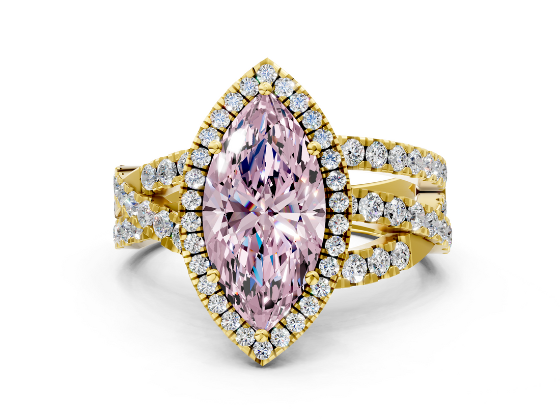Yellow gold Fancy Pink Marquise  Cut Halo Split Shank Prong Setting Ring_61