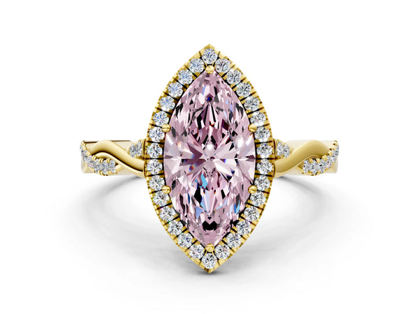 Yellow gold Fancy Pink Marquise Cut Halo Twist Band with Four-Prong Setting