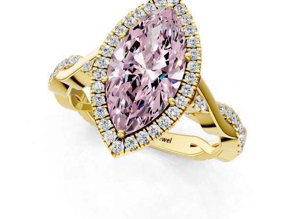 Yellow gold Fancy Pink Marquise Cut Halo Twist Band with Four-Prong Setting