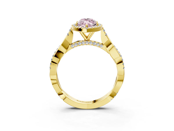 Yellow gold Fancy Pink Marquise Cut Halo Twist Band with Four-Prong Setting