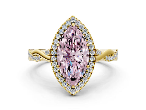 Yellow gold Fancy Pink Marquise Cut Halo Twist Band with Four-Prong Setting