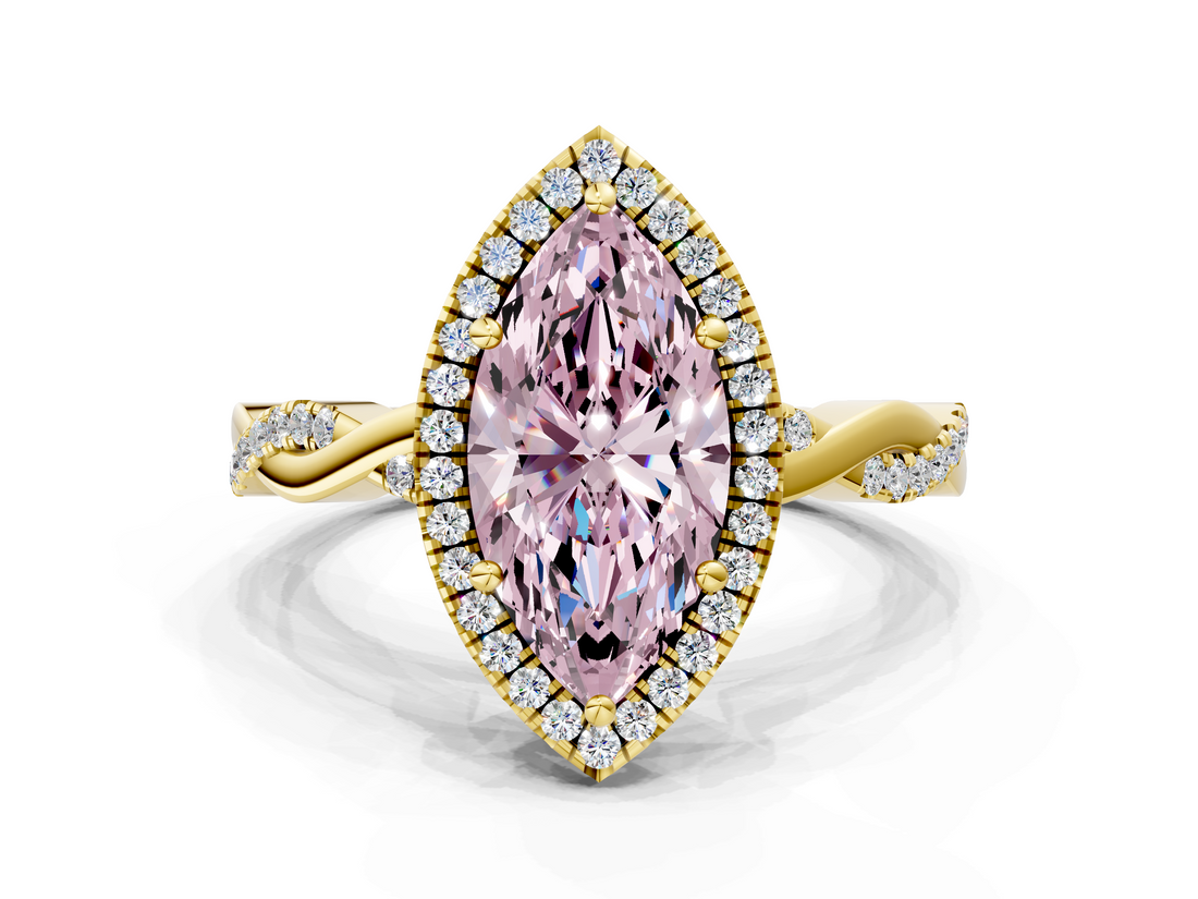 Yellow gold Fancy Pink Marquise  Cut Halo Twisted Band Four-Prong Ring_18