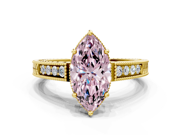 Yellow gold Fancy Pink Marquise Cut Diamond Engagement Ring with Milgrain Channel Set Band and Prong Setting