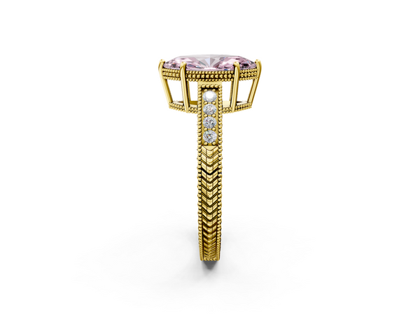 Yellow gold Fancy Pink Marquise Cut Diamond Engagement Ring with Milgrain Channel Set Band and Prong Setting