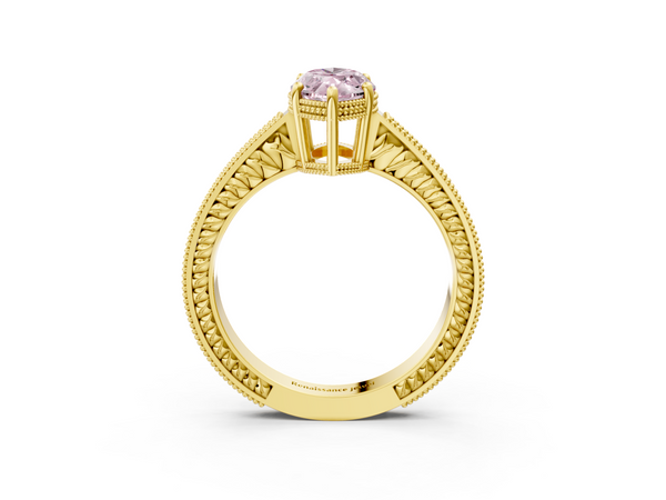Yellow gold Fancy Pink Marquise Cut Diamond Engagement Ring with Milgrain Channel Set Band and Prong Setting