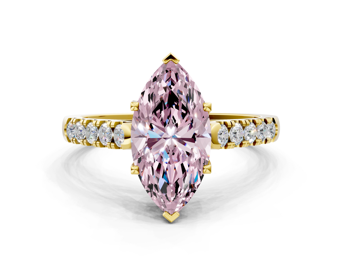 Yellow gold Fancy Pink Marquise  Cut Pavé Band Solitaire Ring with Four-Prong Setting_25