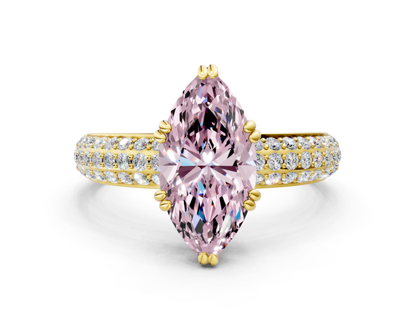 Yellow gold Fancy Pink Marquise  Cut Pave Diamond Engagement Ring with Channel Set Band and Four-Prong Setting