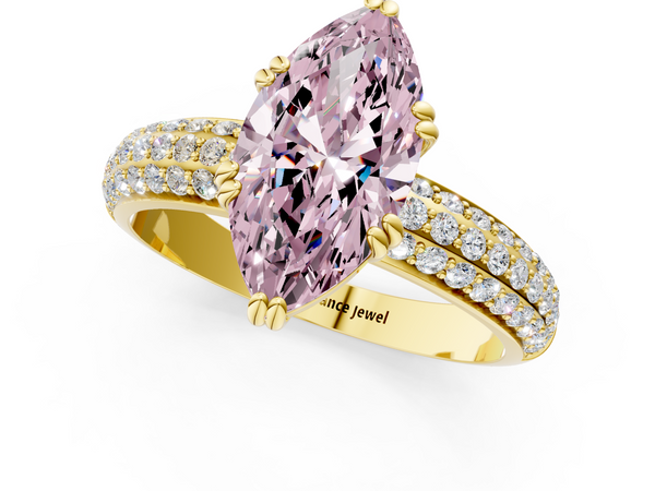 Yellow gold Fancy Pink Marquise  Cut Pave Diamond Engagement Ring with Channel Set Band and Four-Prong Setting
