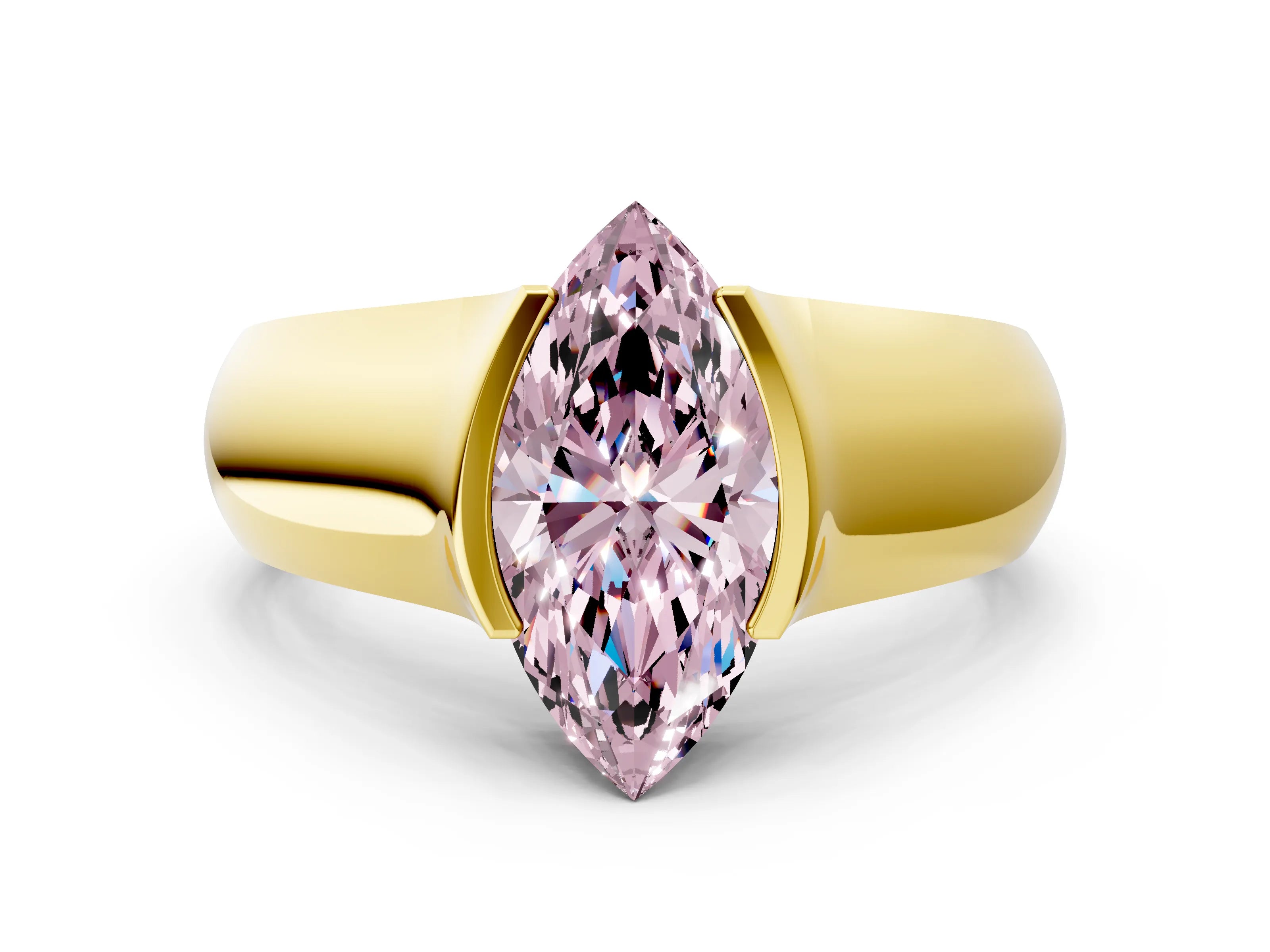 Yellow gold Fancy Pink Marquise Cut Solitaire Bezel Set Diamond Ring with Wide Band