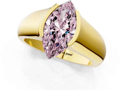 Yellow gold Fancy Pink Marquise Cut Solitaire Bezel Set Diamond Ring with Wide Band_1