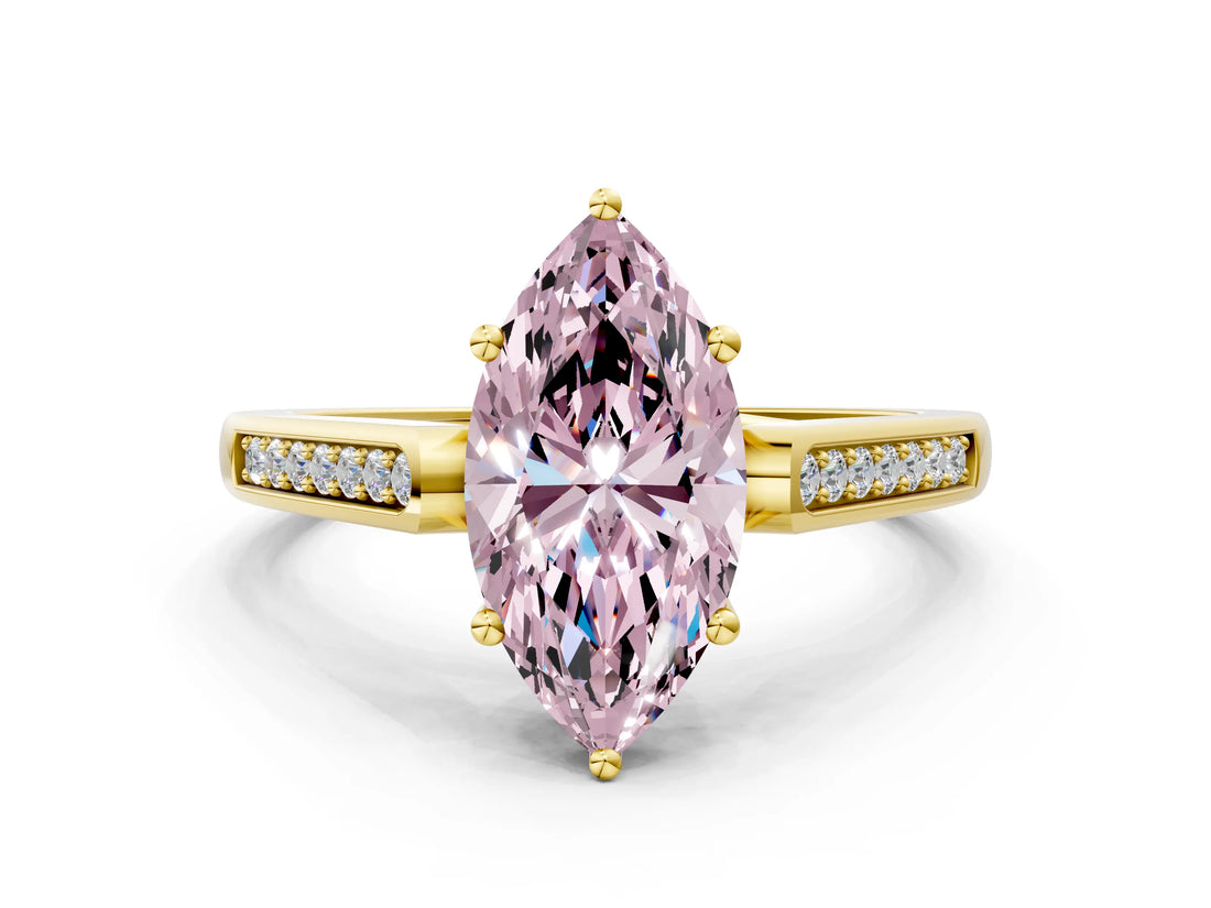 Yellow gold Fancy Pink Marquise Cut Solitaire Cathedral Diamond Engagement Ring with Channel-Set Band and Four-Prong Setting_3
