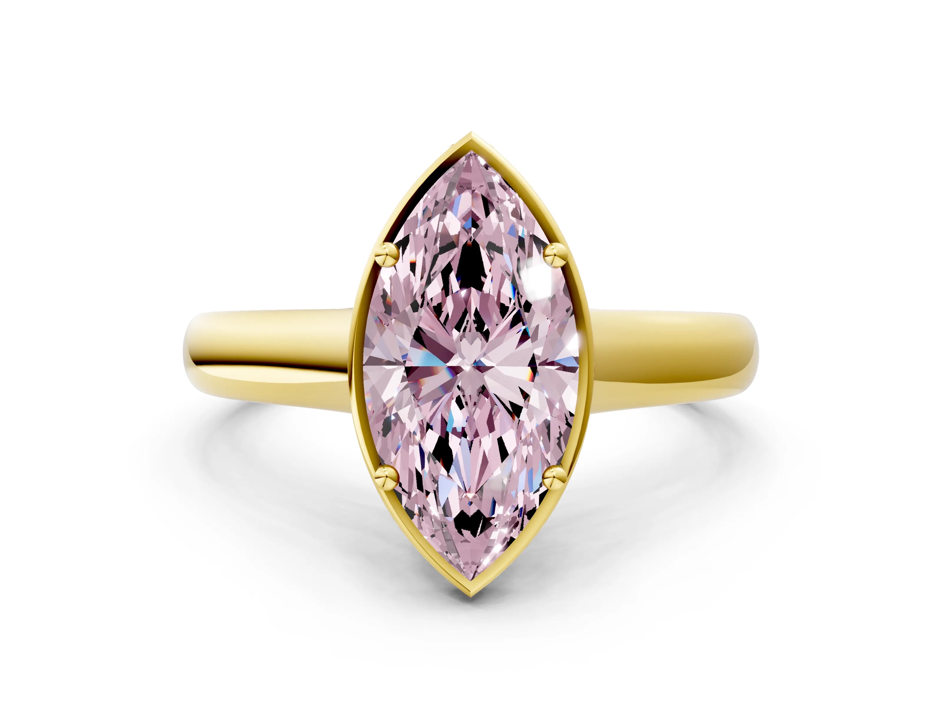 Yellow gold Fancy Pink Marquise Cut Solitaire Diamond Engagement Ring with Four-Prong Setting and Tapered Band