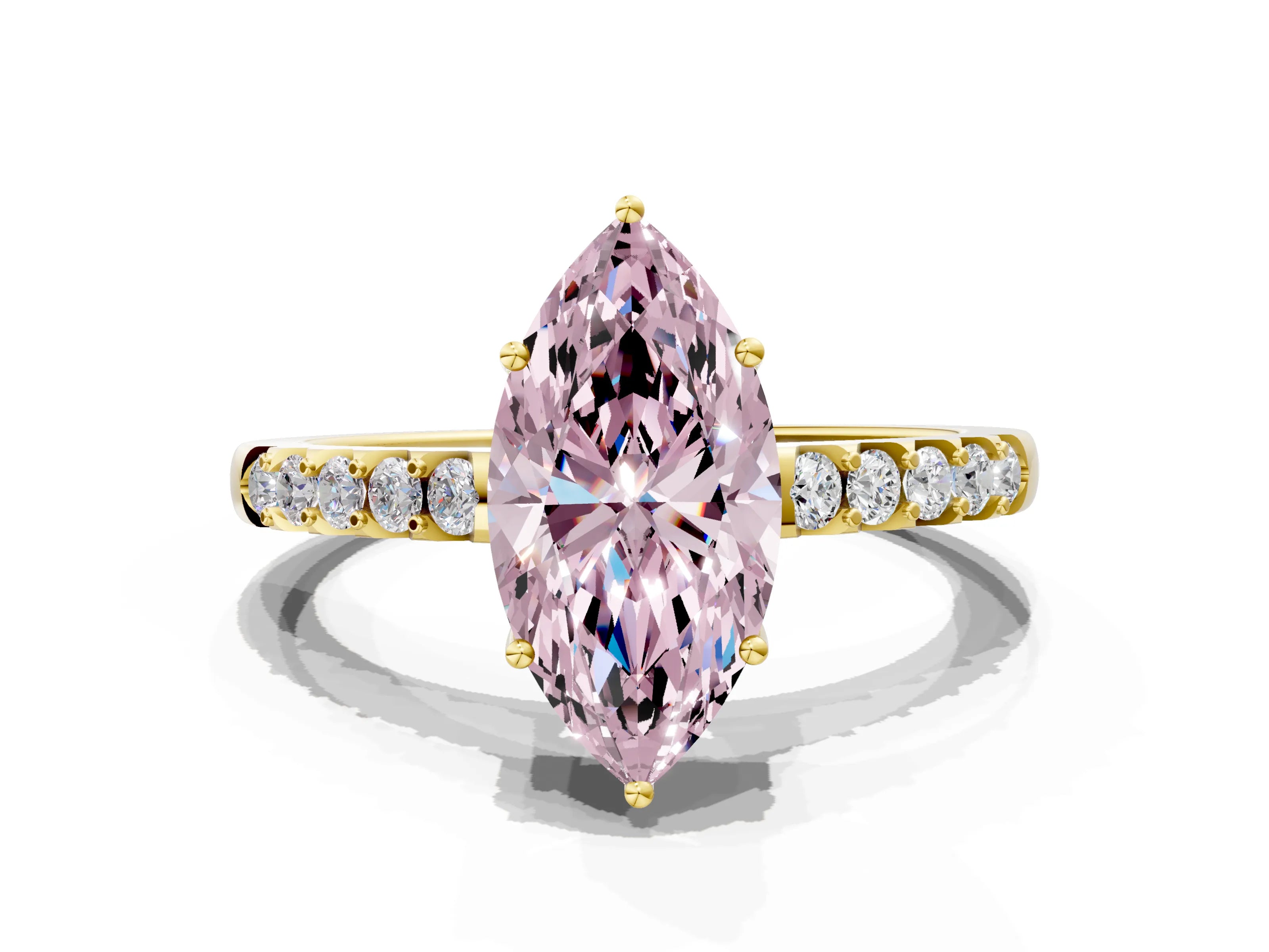 Yellow gold Fancy Pink Marquise Cut Solitaire Diamond Engagement Ring with Pavé Band and Six-Prong Setting_12