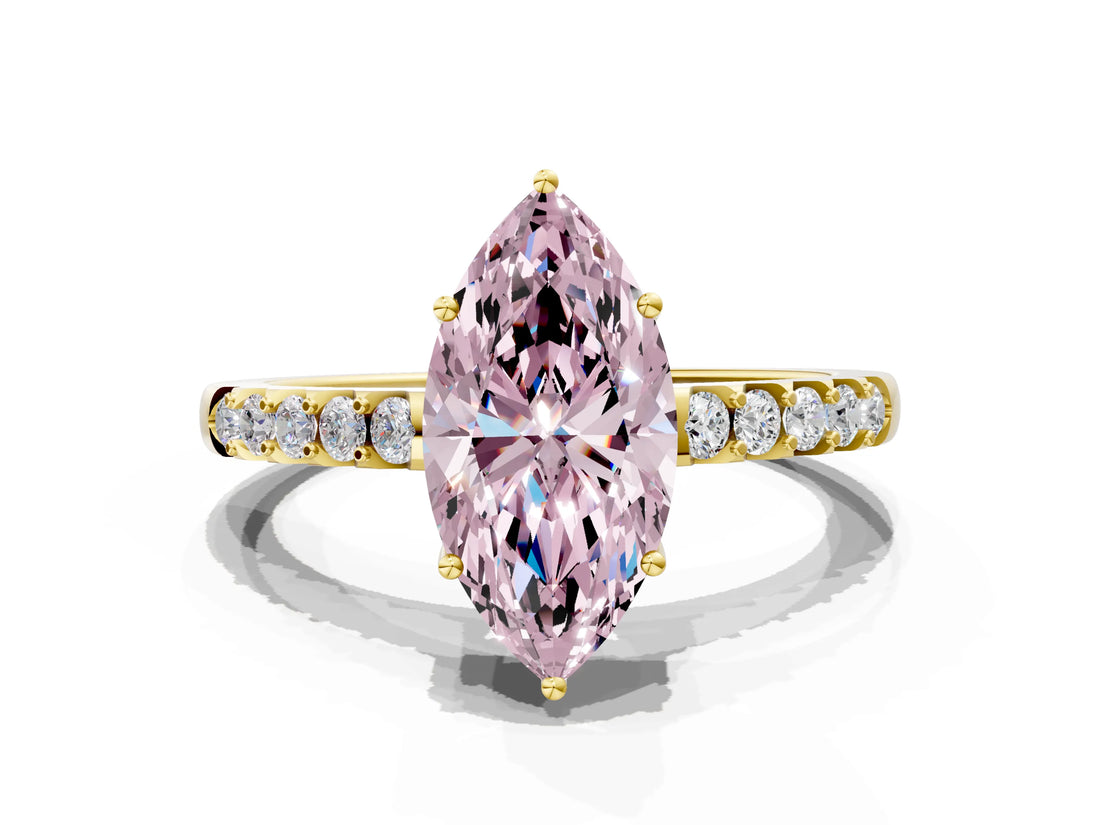 Yellow gold Fancy Pink Marquise Cut Solitaire Diamond Engagement Ring with Pavé Band and Six-Prong Setting_12