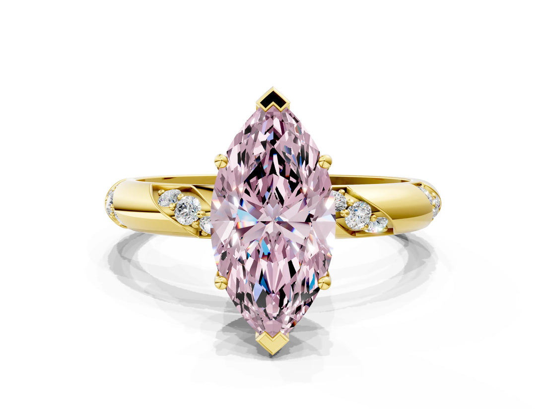 Yellow gold Fancy Pink Marquise Cut Solitaire Diamond Engagement Ring with Twisted Pave Band and Four-Prong Setting_3