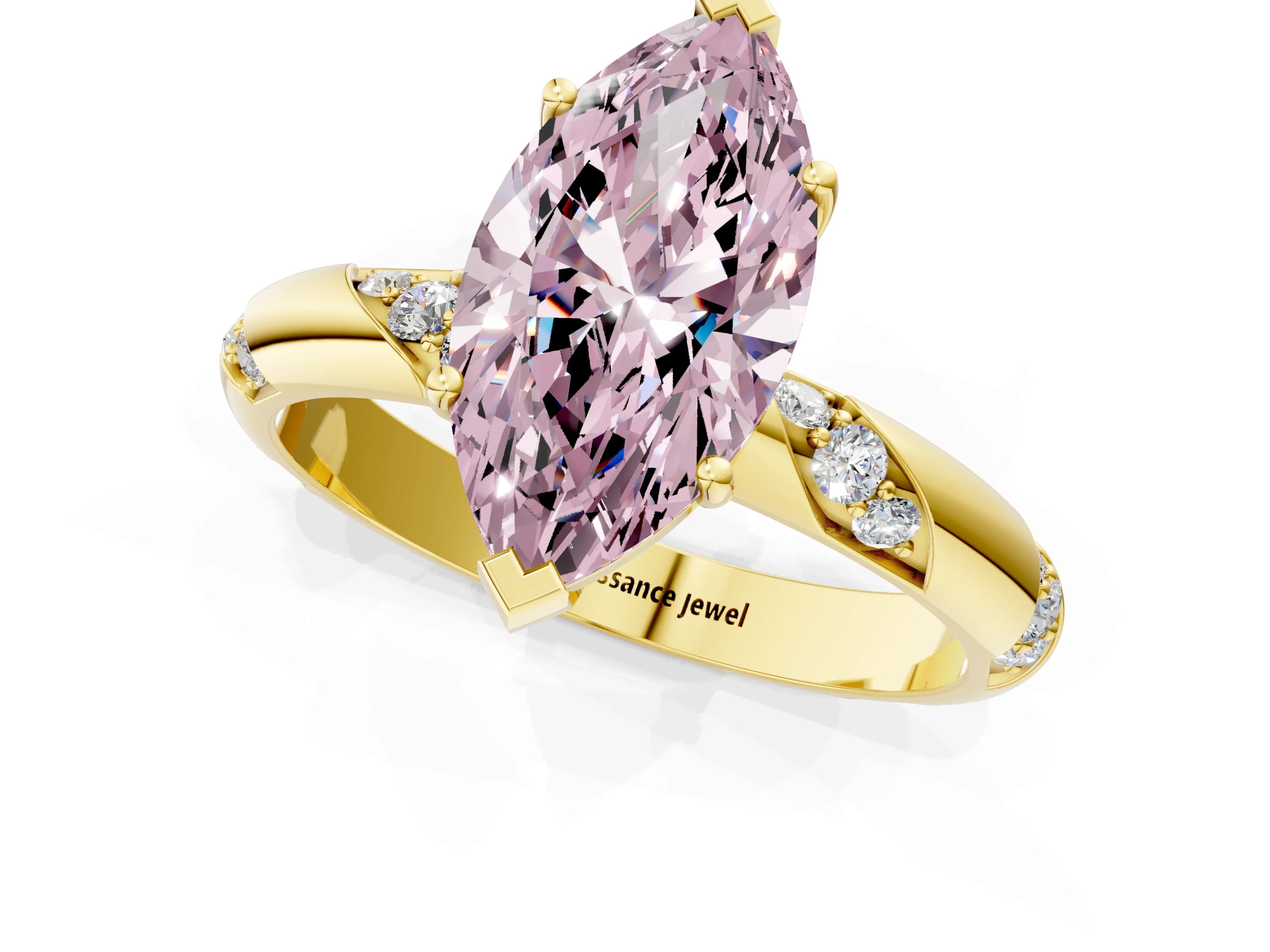 Yellow gold Fancy Pink Marquise Cut Solitaire Diamond Engagement Ring with Twisted Pave Band and Four-Prong Setting_4