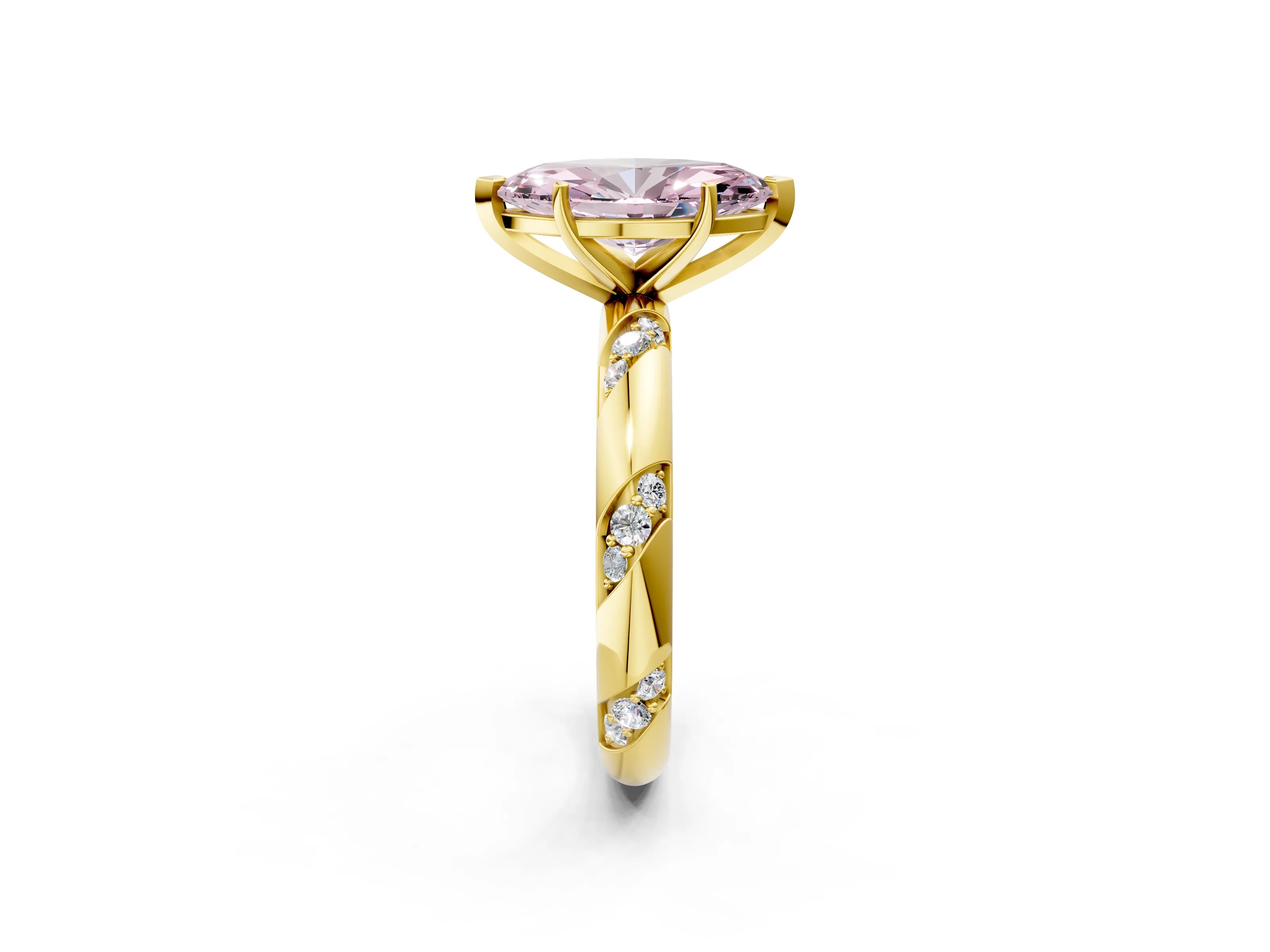 Yellow gold Fancy Pink Marquise Cut Solitaire Diamond Engagement Ring with Twisted Pave Band and Four-Prong Setting_5