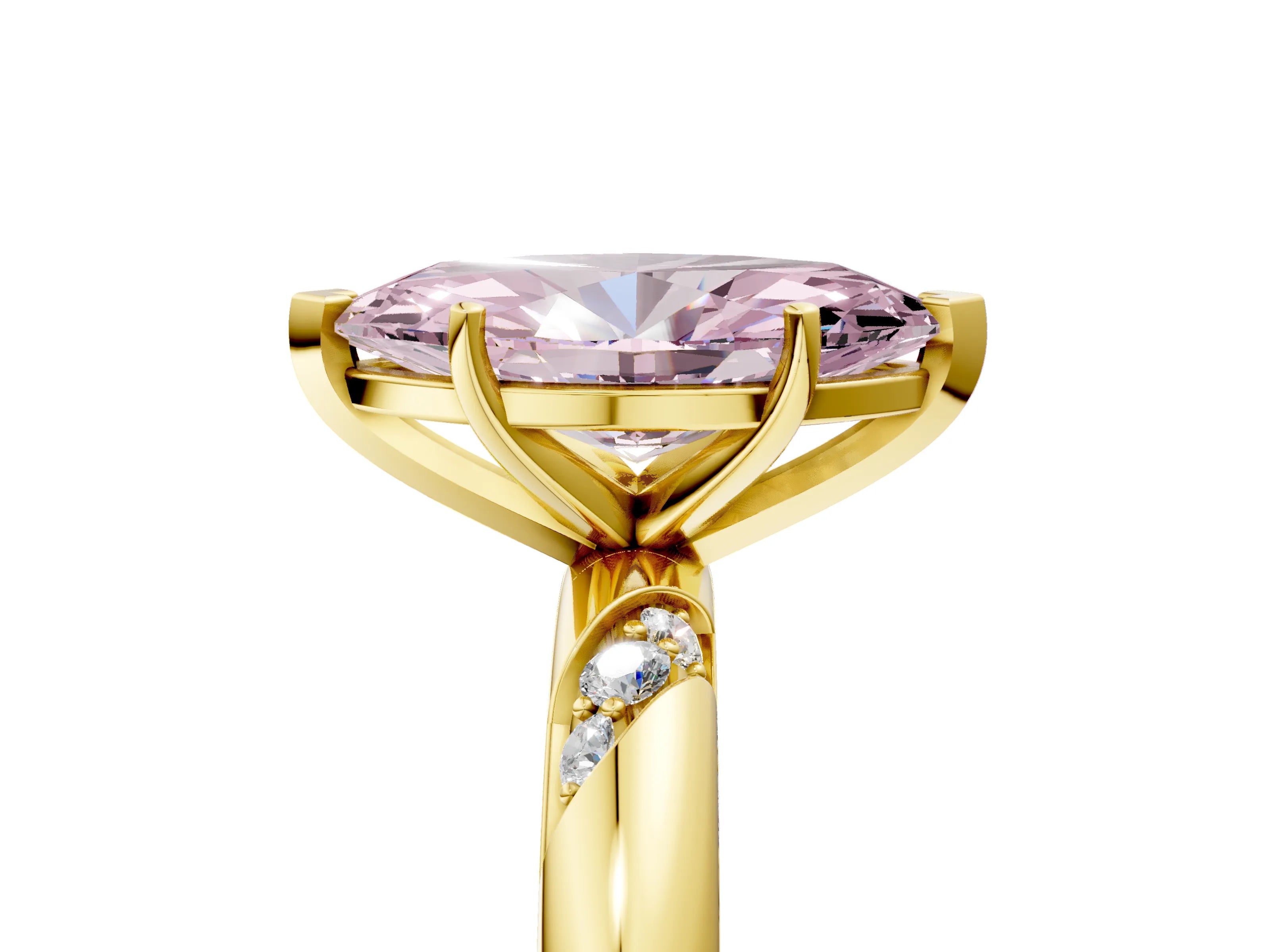 Yellow gold Fancy Pink Marquise Cut Solitaire Diamond Engagement Ring with Twisted Pave Band and Four-Prong Setting_8