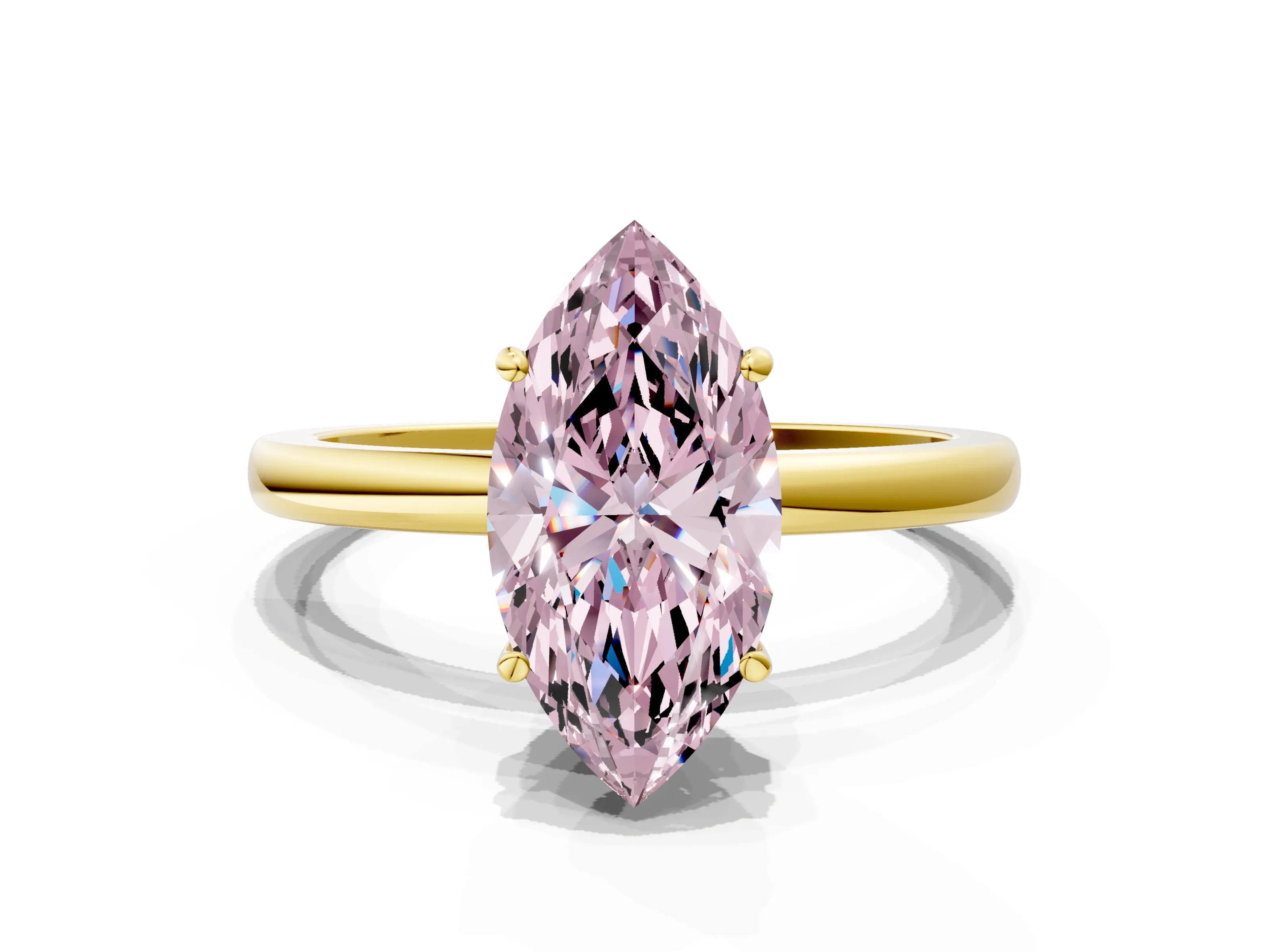 Yellow gold Fancy Pink Marquise Cut Solitaire Diamond Ring with Prong Setting and Plain Band