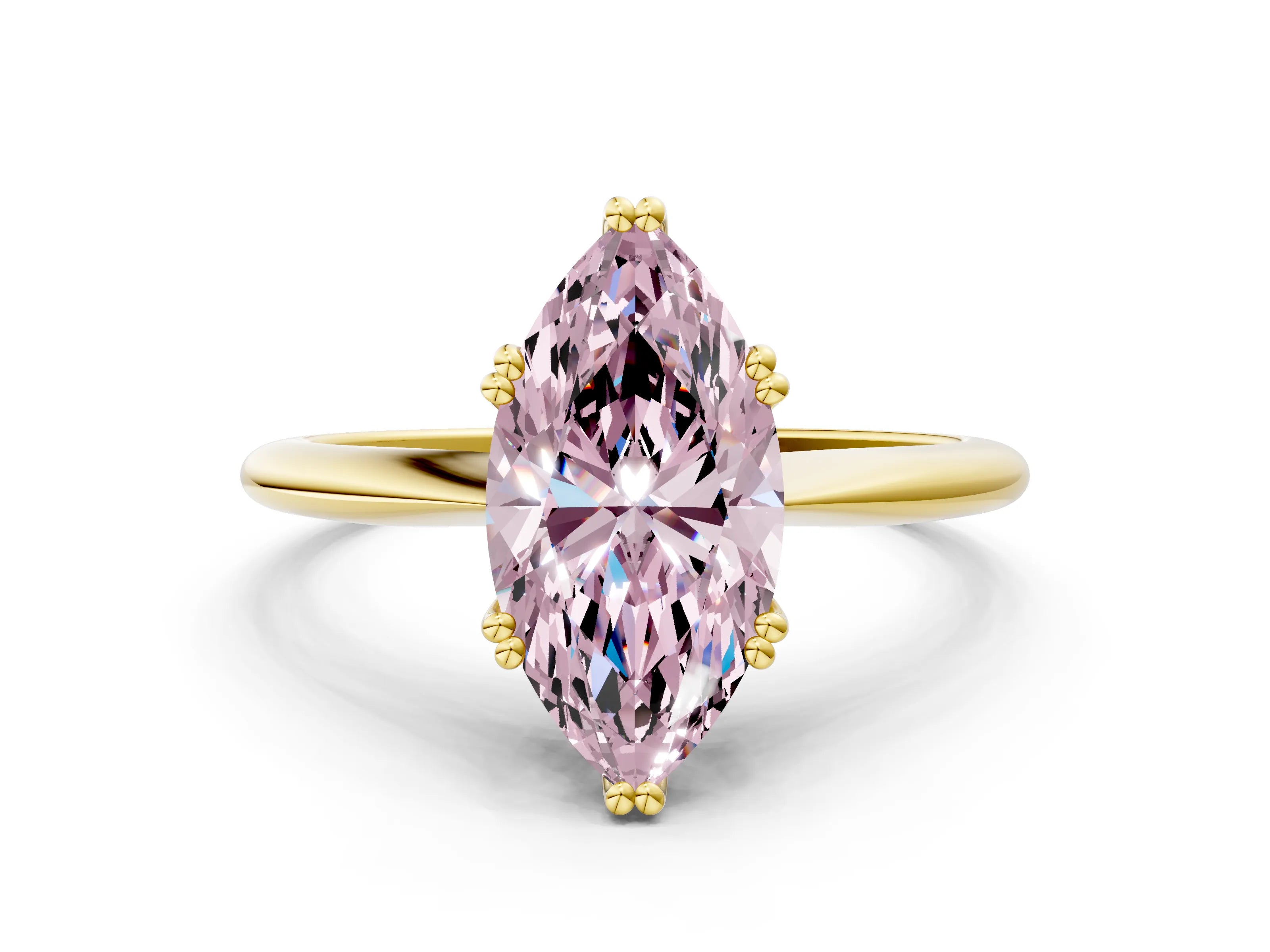 Yellow gold Fancy Pink Marquise Cut Solitaire Diamond Ring with Six-Prong Setting and Classic Band