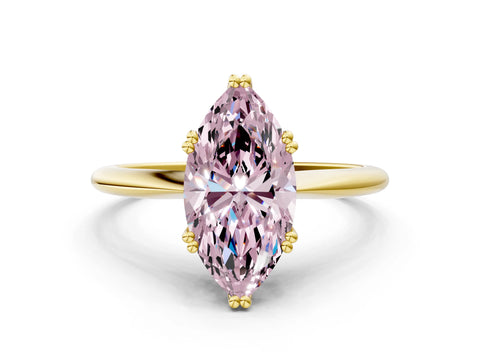 Yellow gold Fancy Pink Marquise Cut Solitaire Diamond Ring with Six-Prong Setting and Classic Band