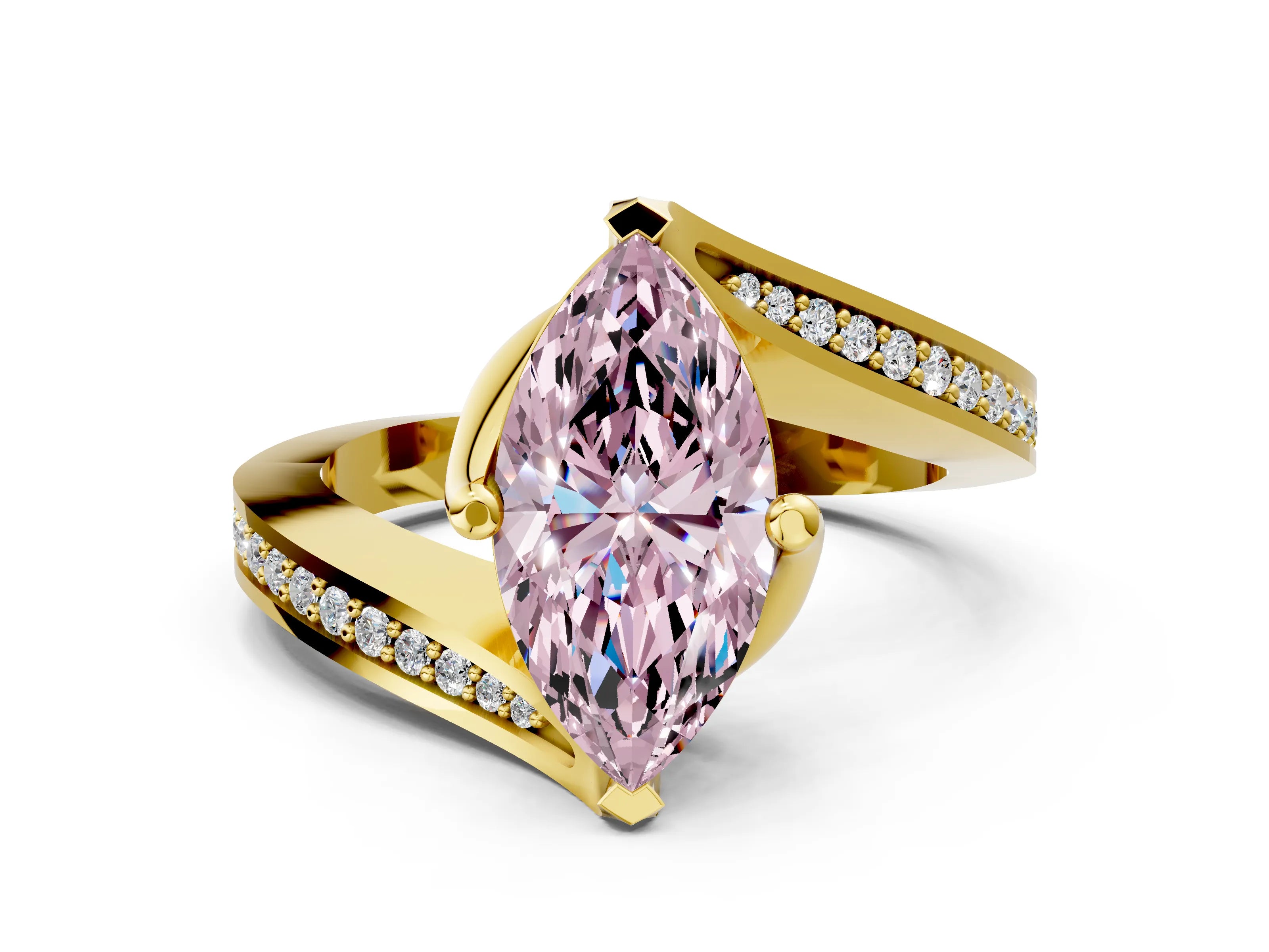 Yellow gold Fancy Pink Marquise Cut Solitaire Diamond Twist Band with Pavé Setting and Four-Prong Setting