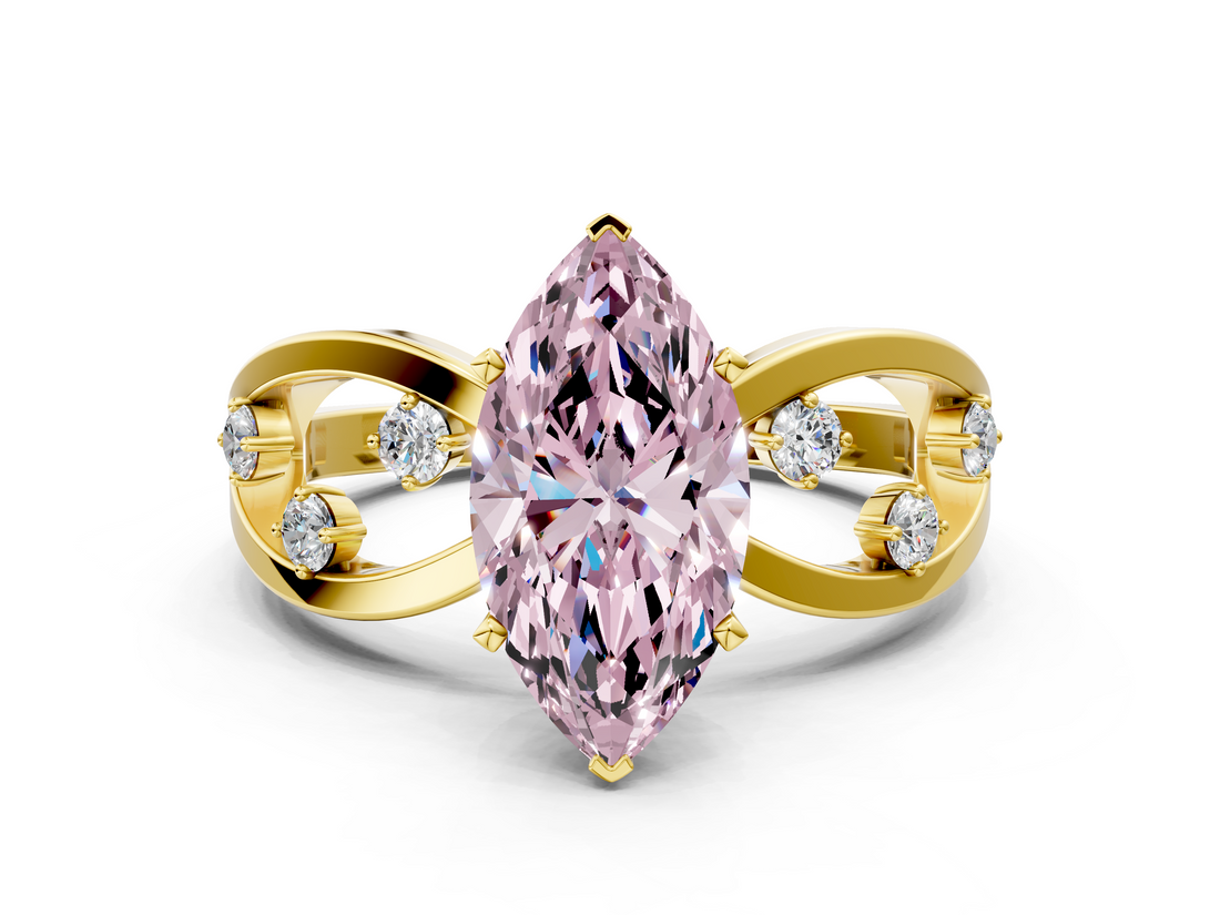 Yellow gold Fancy Pink Marquise  Cut Solitaire Diamond with Side Stones on Criss-Cross Band and Four-Prong Setting_3