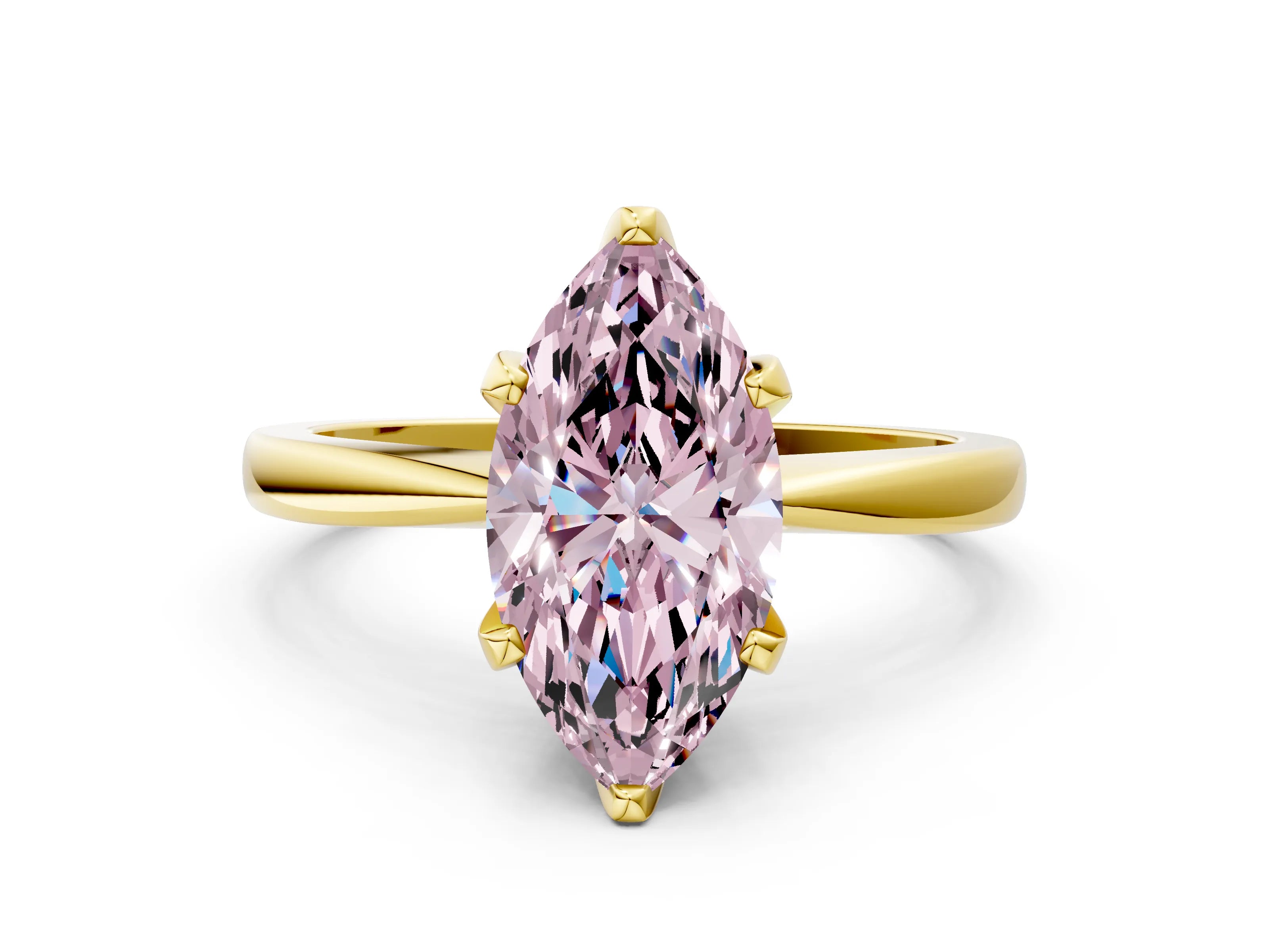 Yellow gold Fancy Pink Marquise Cut Solitaire Engagement Ring with Six-Prong Setting and Tapered Band