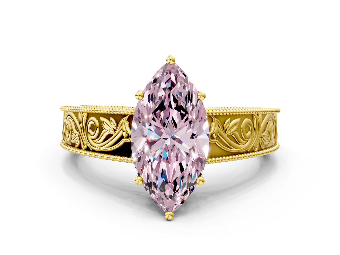 Yellow gold Fancy Pink Marquise  Cut Solitaire Engraved Band with Four-Prong Setting_62