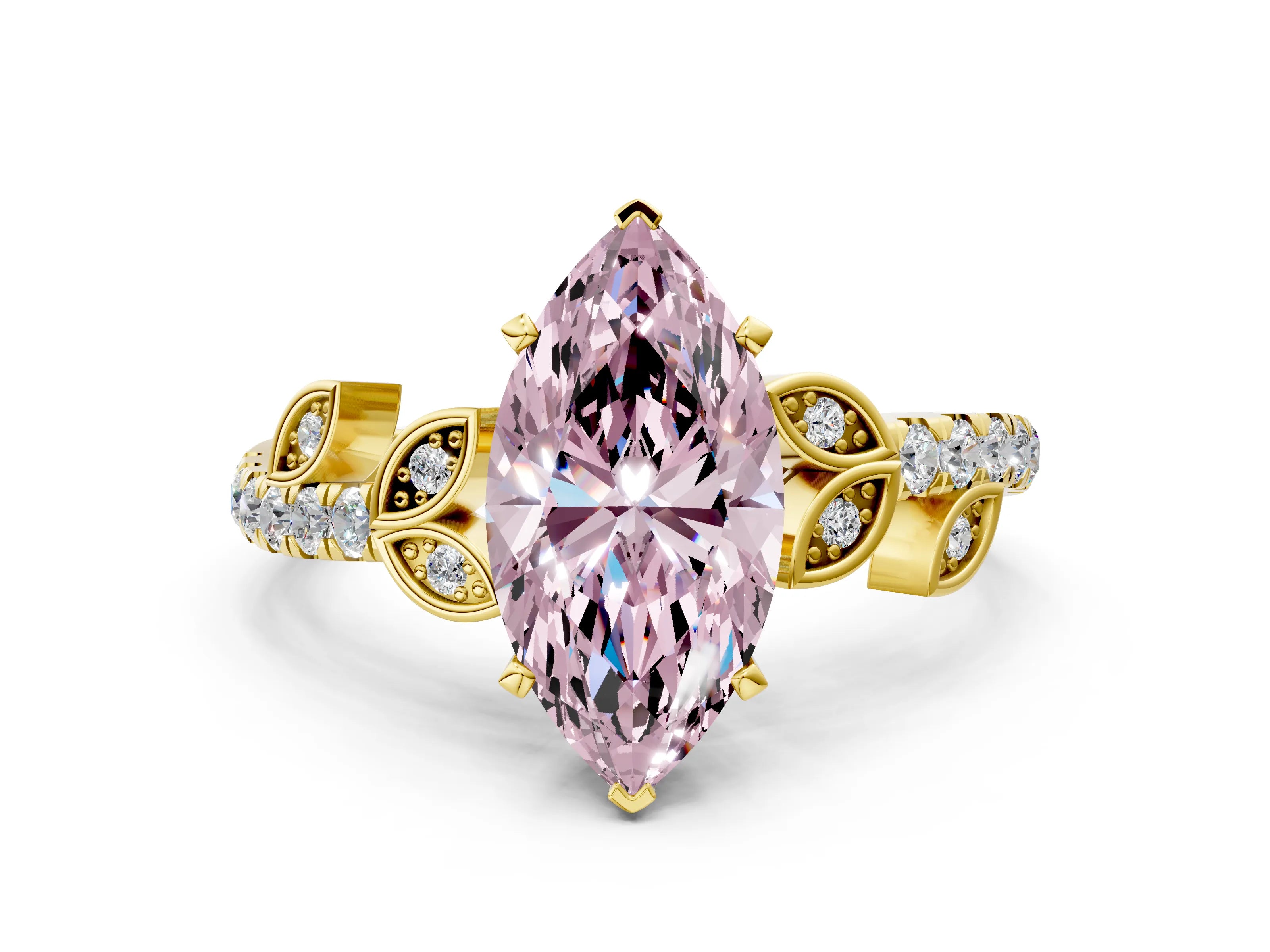 Yellow gold Fancy Pink Marquise Cut Solitaire Leaf-Inspired Diamond Ring with Pavé Band and Four-Prong Setting