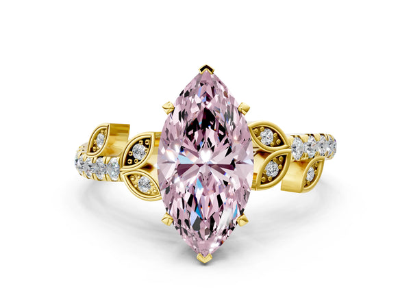 Yellow gold Fancy Pink Marquise Cut Solitaire Leaf-Inspired Diamond Ring with Pavé Band and Four-Prong Setting