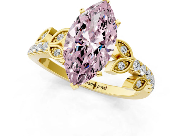 Yellow gold Fancy Pink Marquise Cut Solitaire Leaf-Inspired Diamond Ring with Pavé Band and Four-Prong Setting