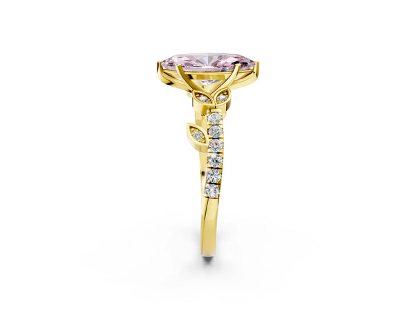 Yellow gold Fancy Pink Marquise Cut Solitaire Leaf-Inspired Diamond Ring with Pavé Band and Four-Prong Setting