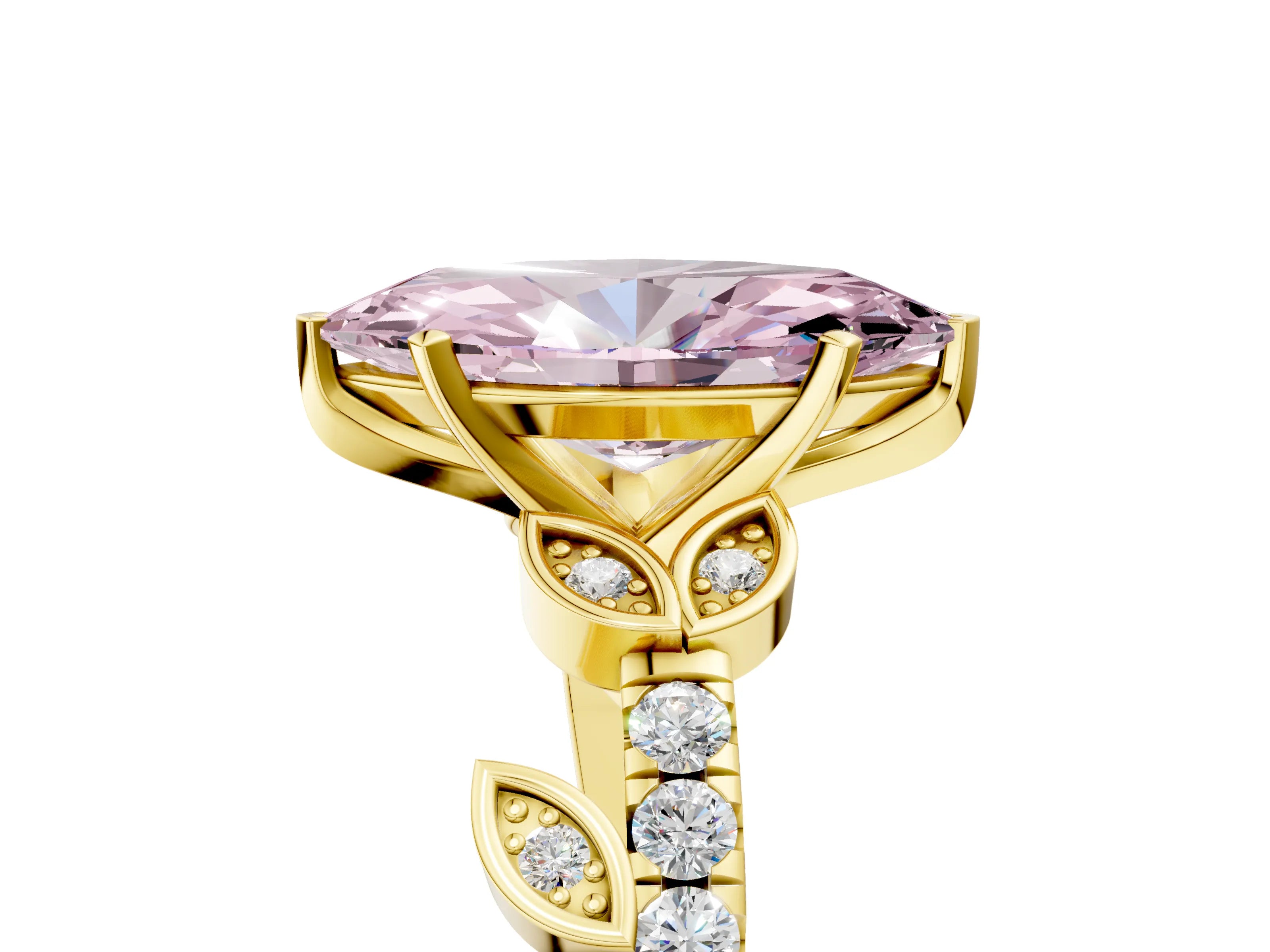 Yellow gold Fancy Pink Marquise Cut Solitaire Leaf-Inspired Diamond Ring with Pavé Band and Four-Prong Setting_5