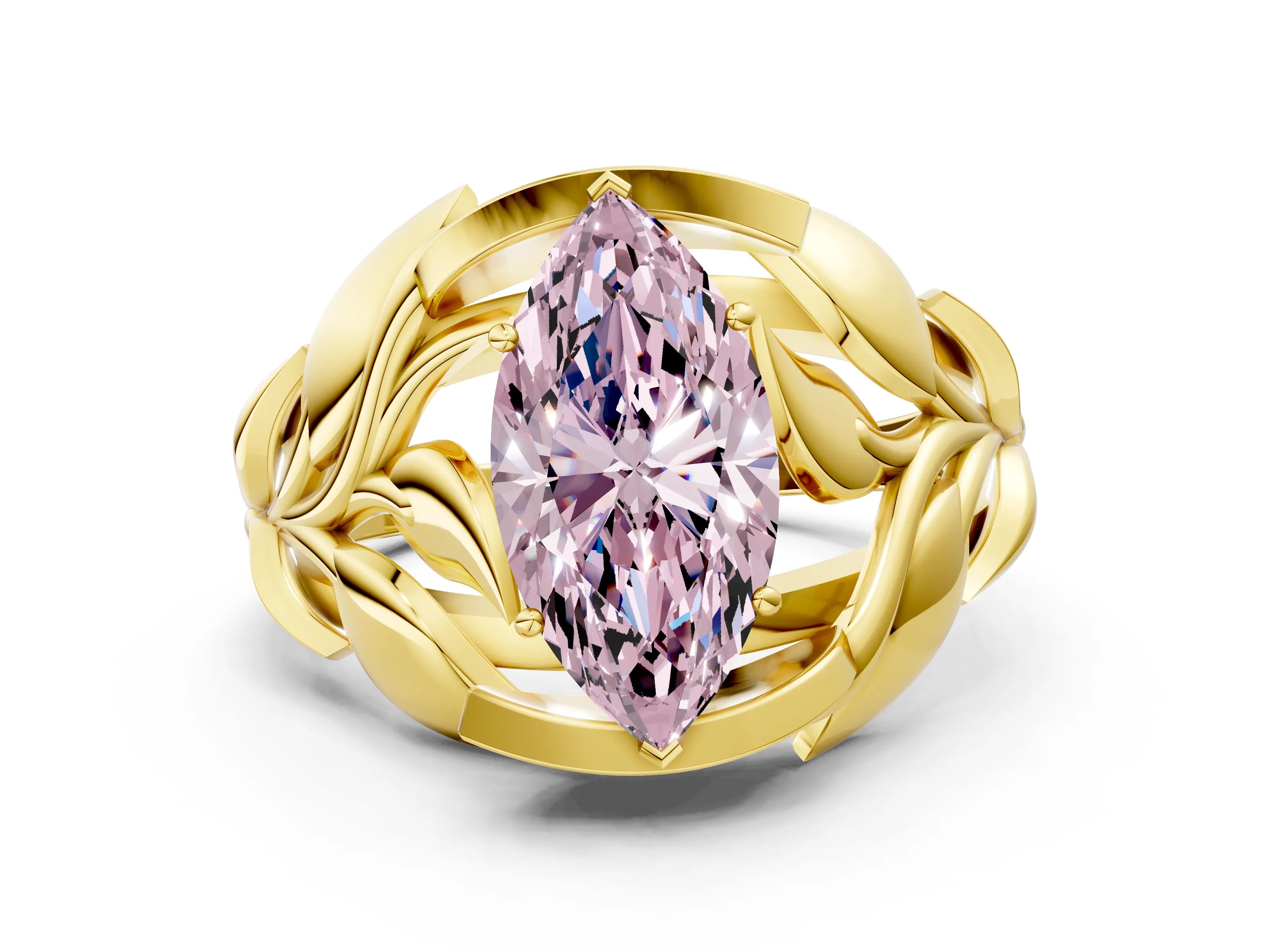Yellow gold Fancy Pink Marquise Cut Solitaire Leaf-Inspired Engagement Ring with Prong Setting