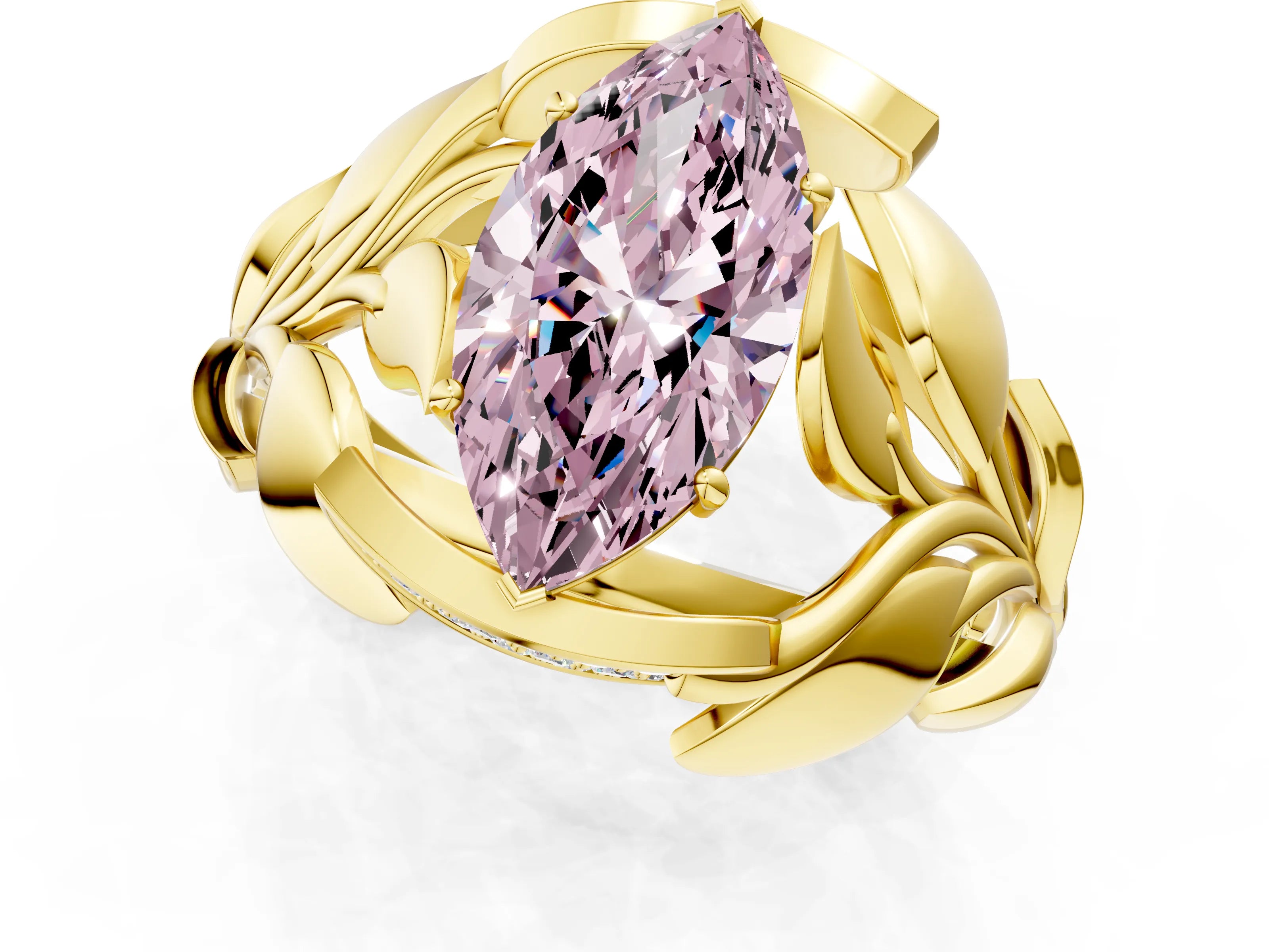 Yellow gold Fancy Pink Marquise Cut Solitaire Leaf-Inspired Engagement Ring with Prong Setting_1